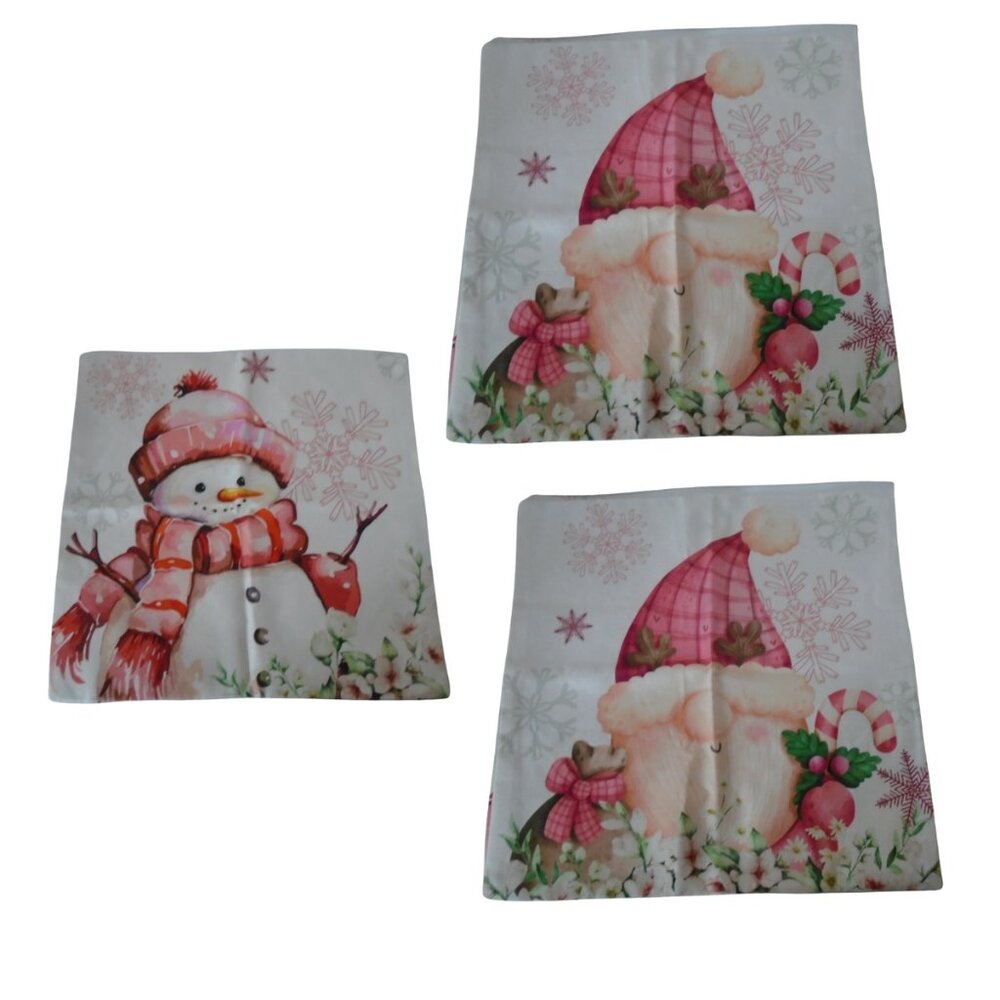 Winter Holiday Pillow cases 18x18 Set of 3 Gnomes and snowman Pink